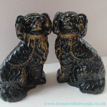 Load image into Gallery viewer, Antique STAFFORDSHIRE Black Jackfield Spaniels with Gold Highlights 
