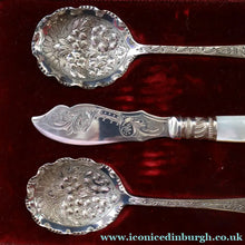 Load image into Gallery viewer, Antique Pair of Electro-Plate Berry Spoons &amp; Mother of Pearl Fruit Knife by JE &amp; SS. FITTED CASE
