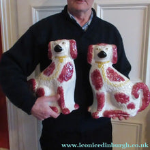 Load image into Gallery viewer, LARGE Antique Pair of Staffordshire Dogs Chimney Spaniels / Wally Dugs; 12 1/4 inches
