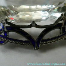 Load image into Gallery viewer, Antique Victorian Silver and Blue Enamel Brooch with Large Faceted Paste Stone
