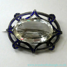 Load image into Gallery viewer, Antique Victorian Silver and Blue Enamel Brooch with Large Faceted Paste Stone
