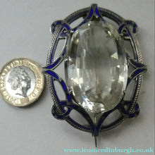 Load image into Gallery viewer, Antique Victorian Silver and Blue Enamel Brooch with Large Faceted Paste Stone
