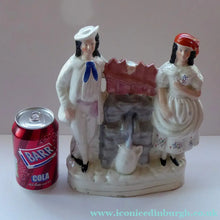 Load image into Gallery viewer, Antique STAFFORDSHIRE Flatback Figurine. Victorian Couple Standing Beside a Water Wall. Excellent Condition
