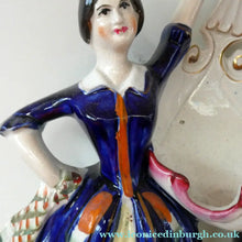 Load image into Gallery viewer, Antique Staffordshire Figurine. Pair of Scottish Lasses Dancing. Antique Ceramic Pocket Watch Holder
