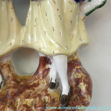 Load image into Gallery viewer, Antique Staffordshire Figurine. Pair of Scottish Lasses Dancing. Antique Ceramic Pocket Watch Holder

