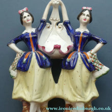 Load image into Gallery viewer, Antique Staffordshire Figurine. Pair of Scottish Lasses Dancing. Antique Ceramic Pocket Watch Holder
