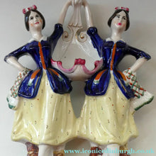Load image into Gallery viewer, Antique Staffordshire Figurine. Pair of Scottish Lasses Dancing. Antique Ceramic Pocket Watch Holder
