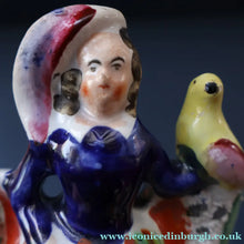 Load image into Gallery viewer, Antique STAFFORDSHIRE Figurine. Little Child in Kilt Standing on a Chair. A Pheasant Perching on Chair Back

