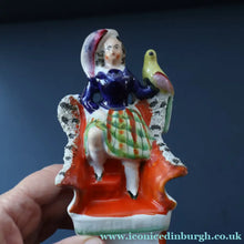 Load image into Gallery viewer, Antique STAFFORDSHIRE Figurine. Little Child in Kilt Standing on a Chair. A Pheasant Perching on Chair Back
