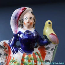 Load image into Gallery viewer, Antique STAFFORDSHIRE Figurine. Little Child in Kilt Standing on a Chair. A Pheasant Perching on Chair Back
