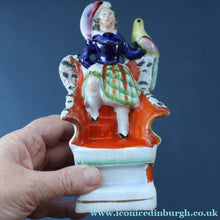 Load image into Gallery viewer, Antique STAFFORDSHIRE Figurine. Little Child in Kilt Standing on a Chair. A Pheasant Perching on Chair Back
