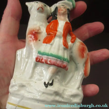 Load image into Gallery viewer, Miniature Antique Staffordshire Flatback Wee Girl with Massive Sheep
