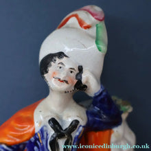 Load image into Gallery viewer, Antique STAFFORDSHIRE Figurine. Rarer Modelled Group: A Huntsman and Little Seated Girl. Excellent Condition. 10 1/4 inches high
