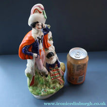 Load image into Gallery viewer, Antique STAFFORDSHIRE Figurine. Rarer Modelled Group: A Huntsman and Little Seated Girl. Excellent Condition. 10 1/4 inches high
