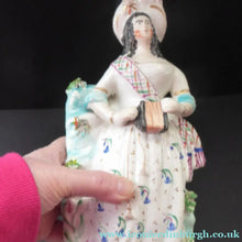 Load image into Gallery viewer, Antique Victorian Staffordshire Figurine. Lady Playing a Concertina with Lamb at her Feet
