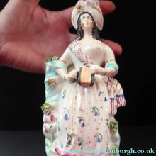 Load image into Gallery viewer, Antique Victorian Staffordshire Figurine. Lady Playing a Concertina with Lamb at her Feet
