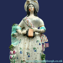 Load image into Gallery viewer, Antique Victorian Staffordshire Figurine. Lady Playing a Concertina with Lamb at her Feet
