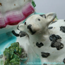 Load image into Gallery viewer, Antique Victorian Staffordshire Figurine. Lady Playing a Concertina with Lamb at her Feet
