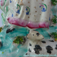 Load image into Gallery viewer, Antique Victorian Staffordshire Figurine. Lady Playing a Concertina with Lamb at her Feet
