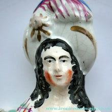 Load image into Gallery viewer, Antique Victorian Staffordshire Figurine. Lady Playing a Concertina with Lamb at her Feet

