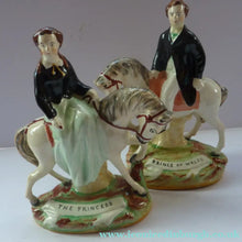 Load image into Gallery viewer, Rare Pair of STAFFORDSHIRE FIGURES. The Prince and Princess of Wales on Horseback
