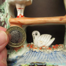 Load image into Gallery viewer, Miniature Staffordshire Flatback Figurine. Couple in a Bough with Swan and Bridge
