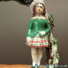 Load image into Gallery viewer, Miniature Staffordshire Flatback Figurine. Couple in a Bough with Swan and Bridge
