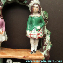 Load image into Gallery viewer, Miniature Staffordshire Flatback Figurine. Couple in a Bough with Swan and Bridge
