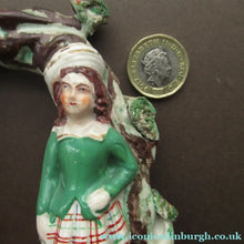 Load image into Gallery viewer, Miniature Staffordshire Flatback Figurine. Couple in a Bough with Swan and Bridge
