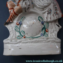 Load image into Gallery viewer, ANTIQUE Victorian Staffordshire Flatback Figurine. A Highlander and his Sweetheart Sitting on a Clock Face. Poor Man's Clock
