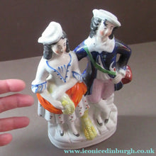 Load image into Gallery viewer, ANTIQUE Victorian Staffordshire Flatback Figurine. Miniature Example of a Man and Woman Gathering Wheat

