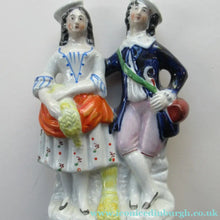Load image into Gallery viewer, ANTIQUE Victorian Staffordshire Flatback Figurine. Miniature Example of a Man and Woman Gathering Wheat
