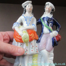 Load image into Gallery viewer, ANTIQUE Victorian Staffordshire Flatback Figurine. Miniature Example of a Man and Woman Gathering Wheat
