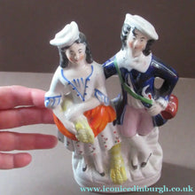 Load image into Gallery viewer, ANTIQUE Victorian Staffordshire Flatback Figurine. Miniature Example of a Man and Woman Gathering Wheat
