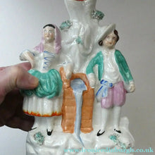 Load image into Gallery viewer, Antique STAFFORDSHIRE Flatback Figurine / SPILL VASE. Victorian Couple Standing Beside a Water Wall
