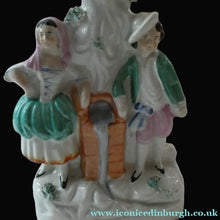 Load image into Gallery viewer, Antique STAFFORDSHIRE Flatback Figurine / SPILL VASE. Victorian Couple Standing Beside a Water Wall
