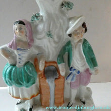Load image into Gallery viewer, Antique STAFFORDSHIRE Flatback Figurine / SPILL VASE. Victorian Couple Standing Beside a Water Wall

