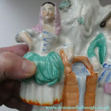 Load image into Gallery viewer, Antique STAFFORDSHIRE Flatback Figurine / SPILL VASE. Victorian Couple Standing Beside a Water Wall
