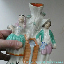 Load image into Gallery viewer, Antique STAFFORDSHIRE Flatback Figurine / SPILL VASE. Victorian Couple Standing Beside a Water Wall
