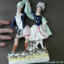 Load image into Gallery viewer, ANTIQUE Victorian Staffordshire Flatback Figurine. A Highlander and his Sweetheart Dancing. 10 inches
