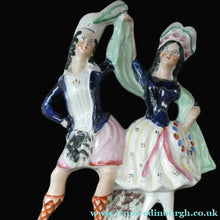 Load image into Gallery viewer, ANTIQUE Victorian Staffordshire Flatback Figurine. A Highlander and his Sweetheart Dancing. 10 inches
