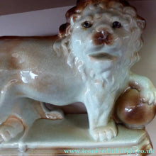 Load image into Gallery viewer, LARGE PAIR of ANTIQUE Staffordshire Style Medici Lions with front paw on ball. 14 inches in length
