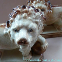 Load image into Gallery viewer, LARGE PAIR of ANTIQUE Staffordshire Style Medici Lions with front paw on ball. 14 inches in length
