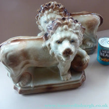Load image into Gallery viewer, LARGE PAIR of ANTIQUE Staffordshire Style Medici Lions with front paw on ball. 14 inches in length
