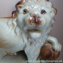 Load image into Gallery viewer, LARGE PAIR of ANTIQUE Staffordshire Style Medici Lions with front paw on ball. 14 inches in length
