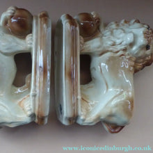 Load image into Gallery viewer, LARGE PAIR of ANTIQUE Staffordshire Style Medici Lions with front paw on ball. 14 inches in length
