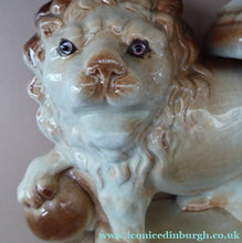 Load image into Gallery viewer, LARGE PAIR of ANTIQUE Staffordshire Style Medici Lions with front paw on ball. 14 inches in length
