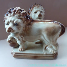 Load image into Gallery viewer, LARGE PAIR of ANTIQUE Staffordshire Style Medici Lions with front paw on ball. 14 inches in length
