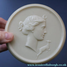 Load image into Gallery viewer, Vintage 1930s ART DECO Celluloid Lidded Power Pot with Image of the Moon Goddess, Diana
