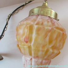 Load image into Gallery viewer, 1930s Art Deco Orange and White Mottled Glass. Marble Effect Hanging Lantern. Brass Chains and Fittings 
